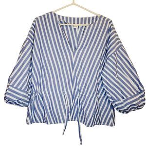 Gap blue and white chevron stripe vneck puff sleeve top Size S Fisherman Coastal